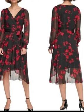 DKNY Red Floral Wrap Midi Dress - Women